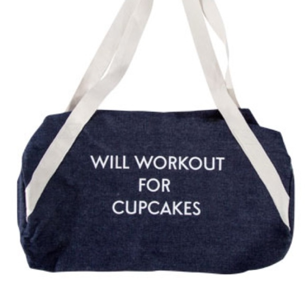 PRIVATE PARTY Denim Gym Bag Will Workout for Cupcakes, Denim Gym Bag.